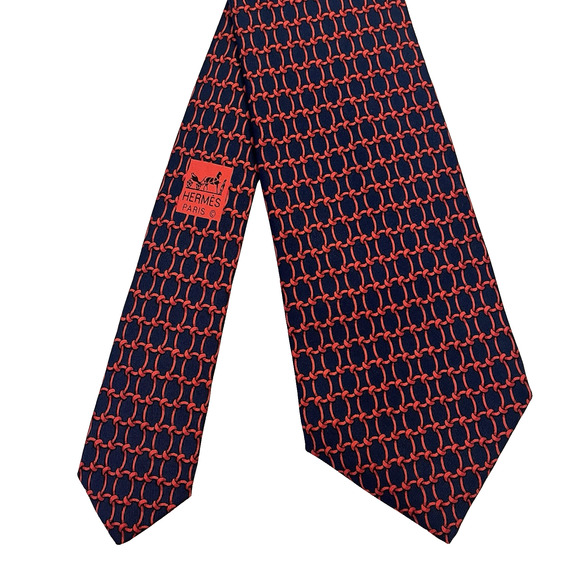 HERMÈS Silk Tie Mens 61x3.5 Navy Red Chain Link Geometric France Designer 7863UA - Picture 1 of 10
